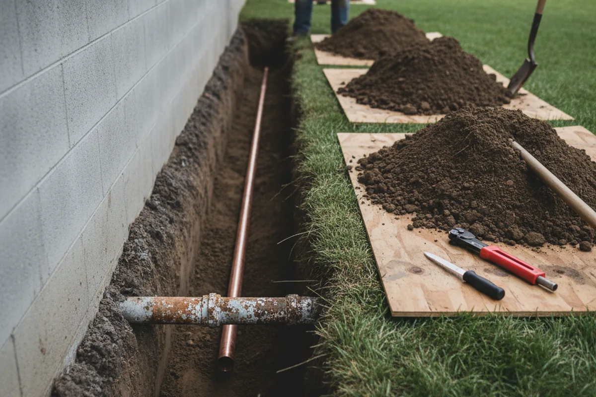Excavated water line trench during Water Heater Repair in Williamsville